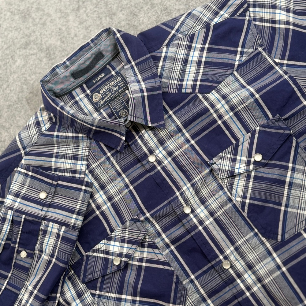 American Rag Mens XL Western Snap Front Plaid Shirt Navy Blue Long Sleeve Yoke
